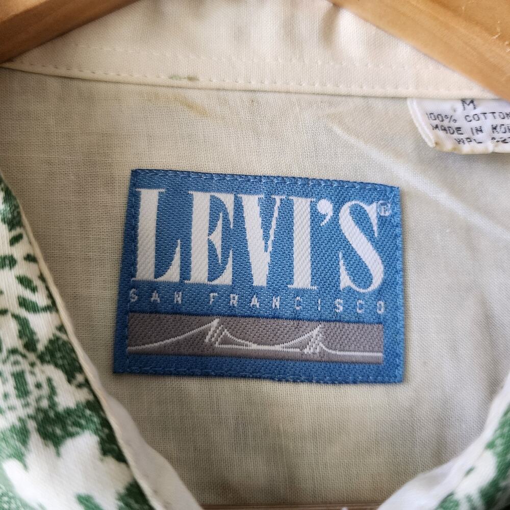 Vintage LEVIS Shirt Mens Medium Hawaiian Tiki Button Up Green White 1991 90's - Picture 3 of 8